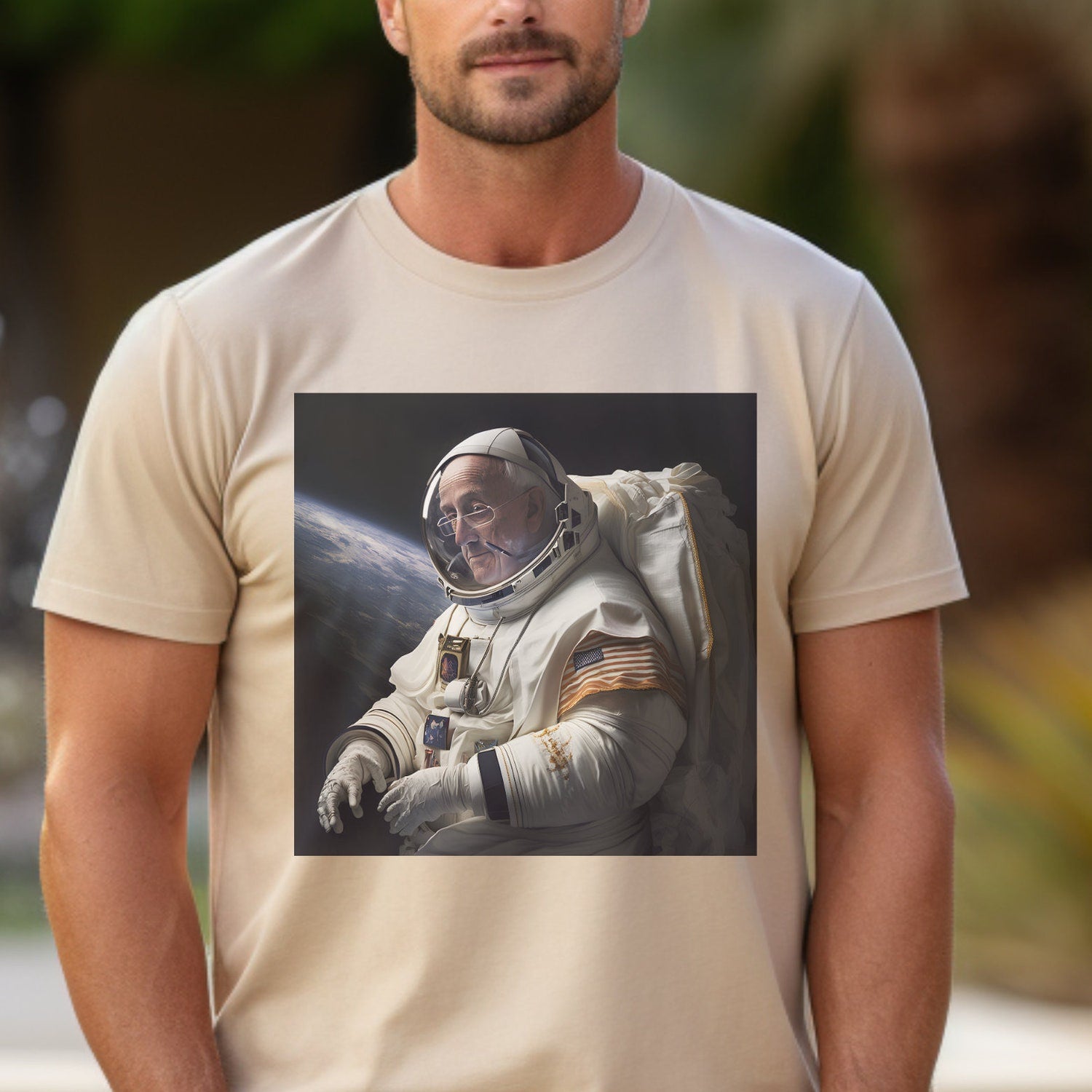 Space-Themed Pope Francis astronaut Tee, Ethical & Sustainable 100% US Cotton, Classic Comfort Fit, Itch-Free Label, Gildan Quality - Unisex