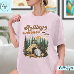 Rolling Stones Shirt, Trendy Easter Clothing, Jesus Christ Shirt, The Stone Was Rolled Away He Is Alive Retro Christian Easter Shirt