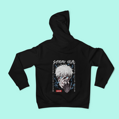 a black hoodie with a picture of an anime character on it