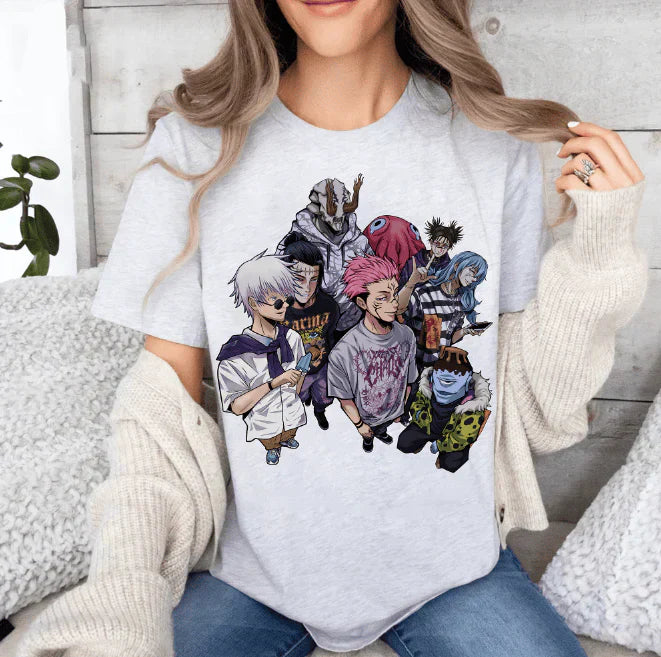 a woman wearing a t - shirt with anime characters on it