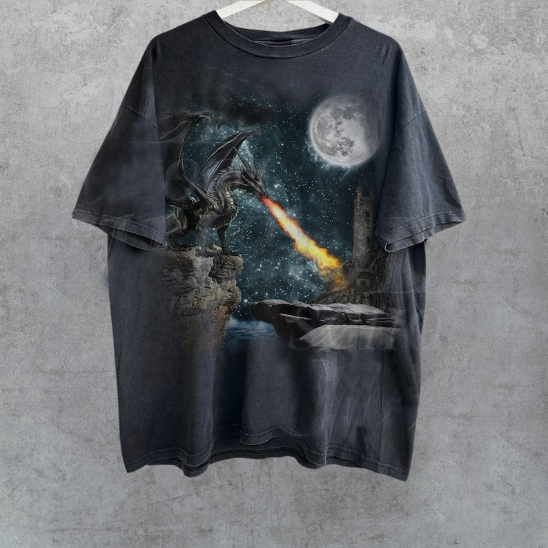 "Dragon Castle Dark Art, Gothic Nostalgia Horror, Retro Dragon 90s Graphic" Vintage T Shirt